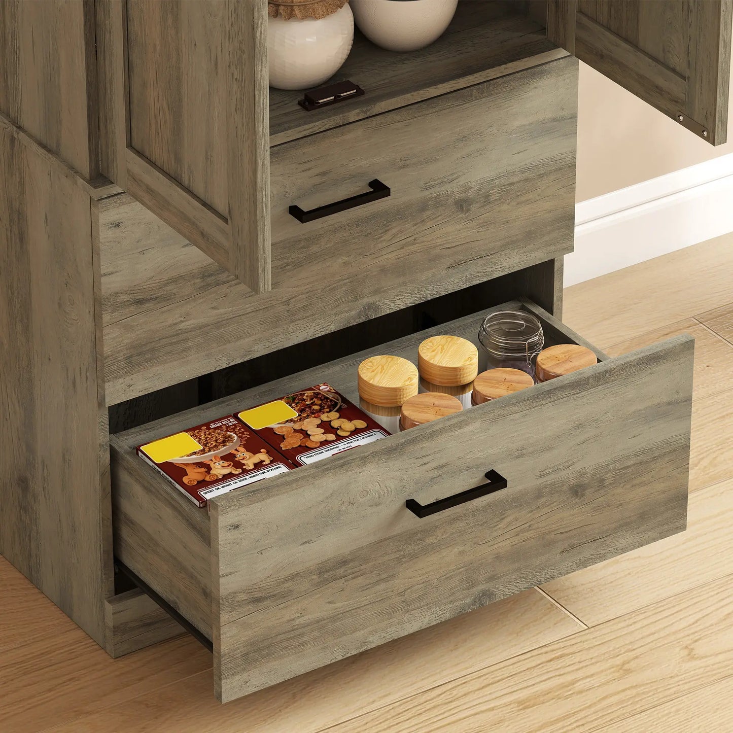 67" Tall Kitchen Pantry Cabinet, Doors, Drawers, Adjustable Shelves, Grey Brown Kitchen Pantry Cabinets at Gallery Canada
