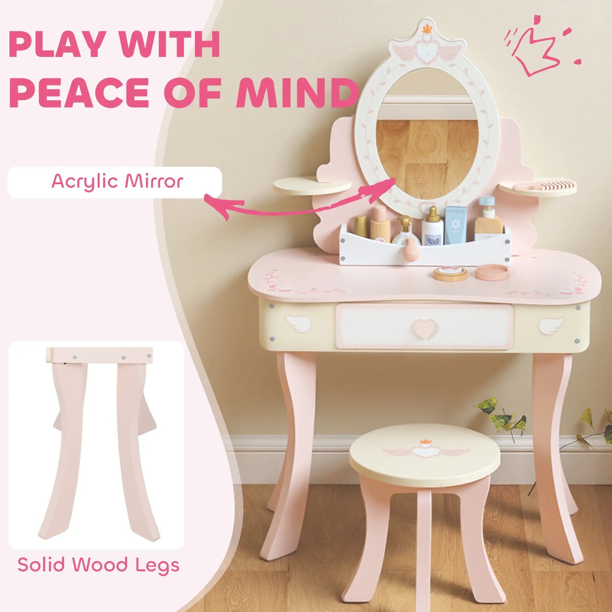 Kids Vanity Set with Mirror, Stool, 7 Accessories, Pink Toy Vanity at Gallery Canada