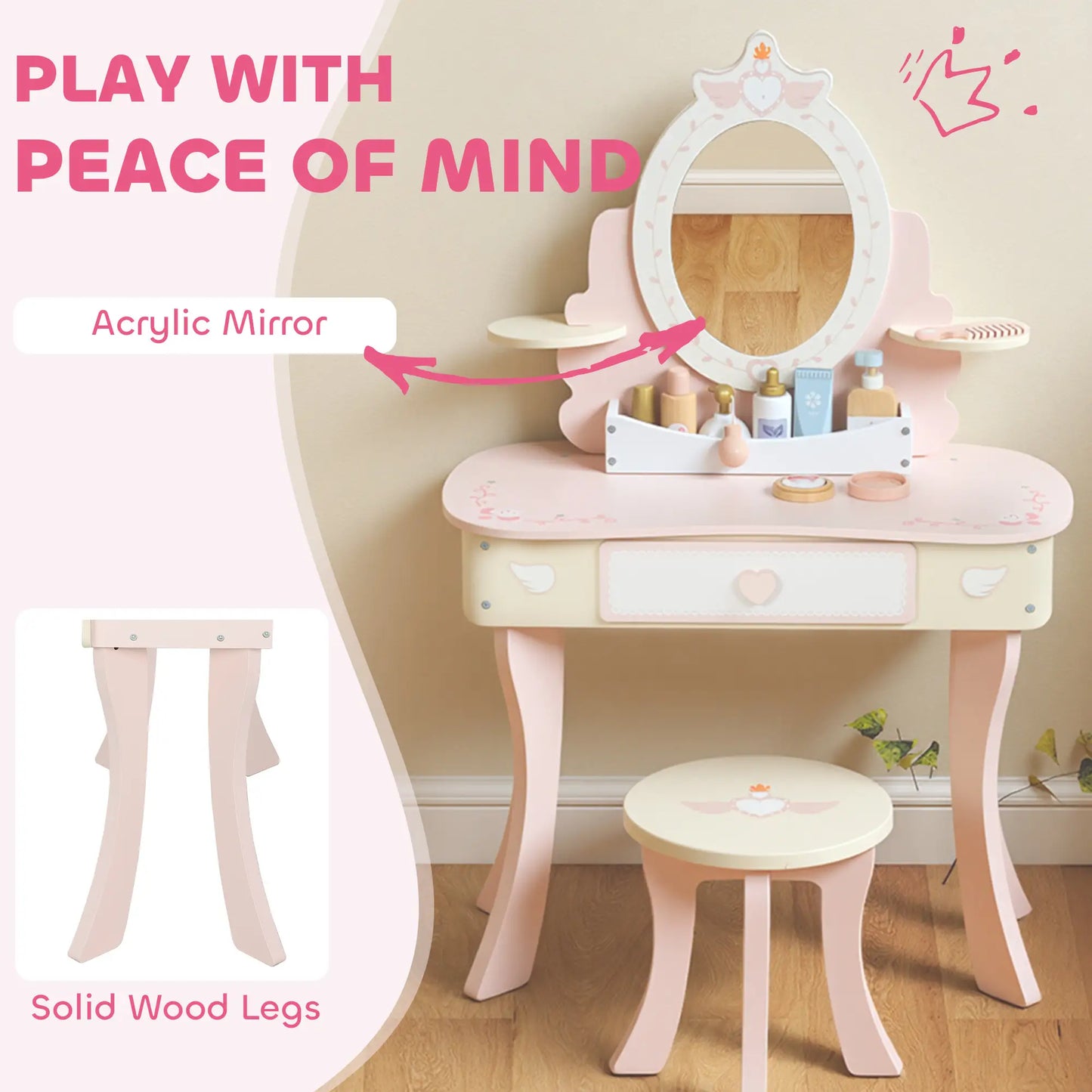 Kids Vanity Set with Mirror, Stool, 7 Accessories, Pink Toy Vanity at Gallery Canada