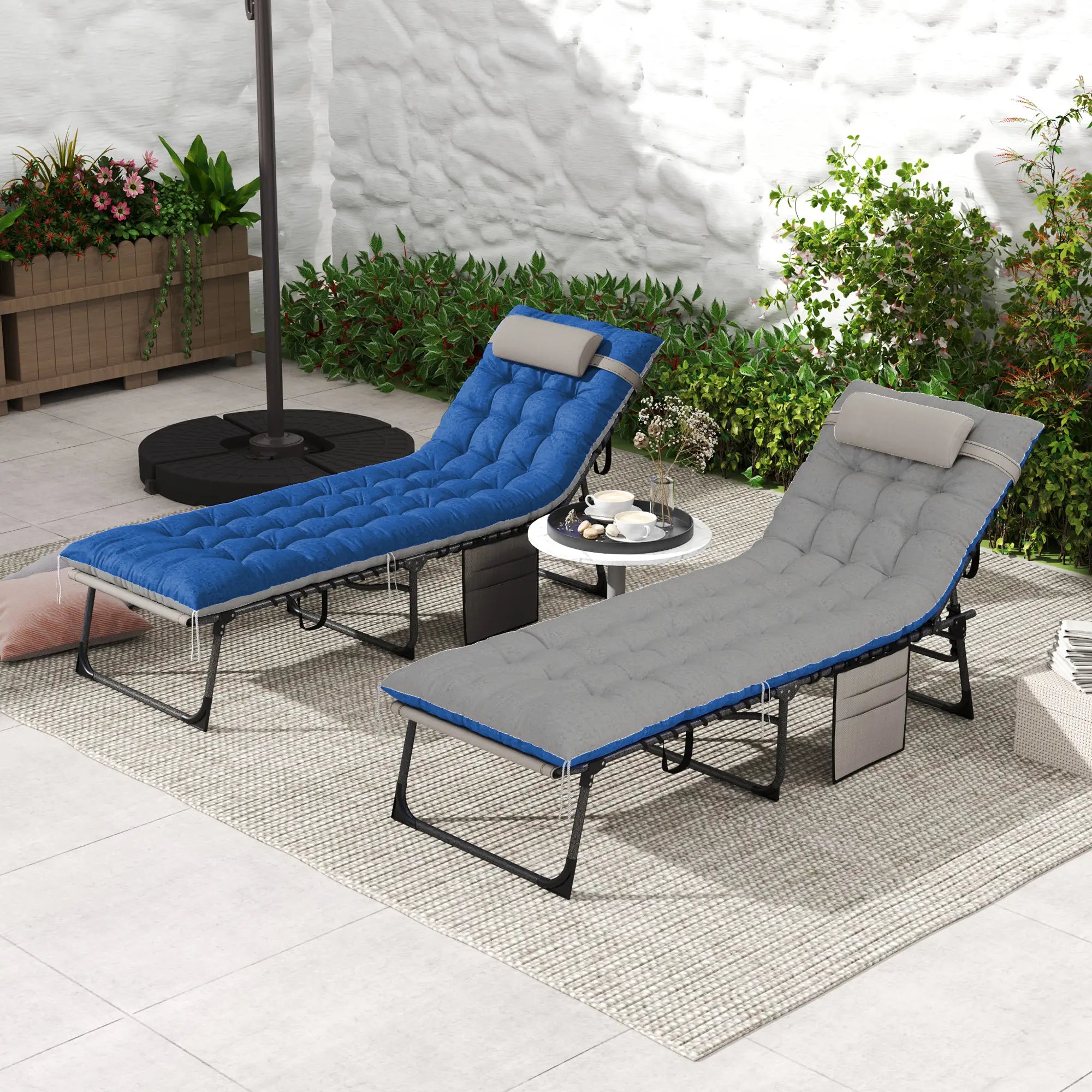 Folding Chaise Lounge Chair Set Of 2, With Cushion And Side Pocket, Brown/Blue Lounger Chairs at Gallery Canada