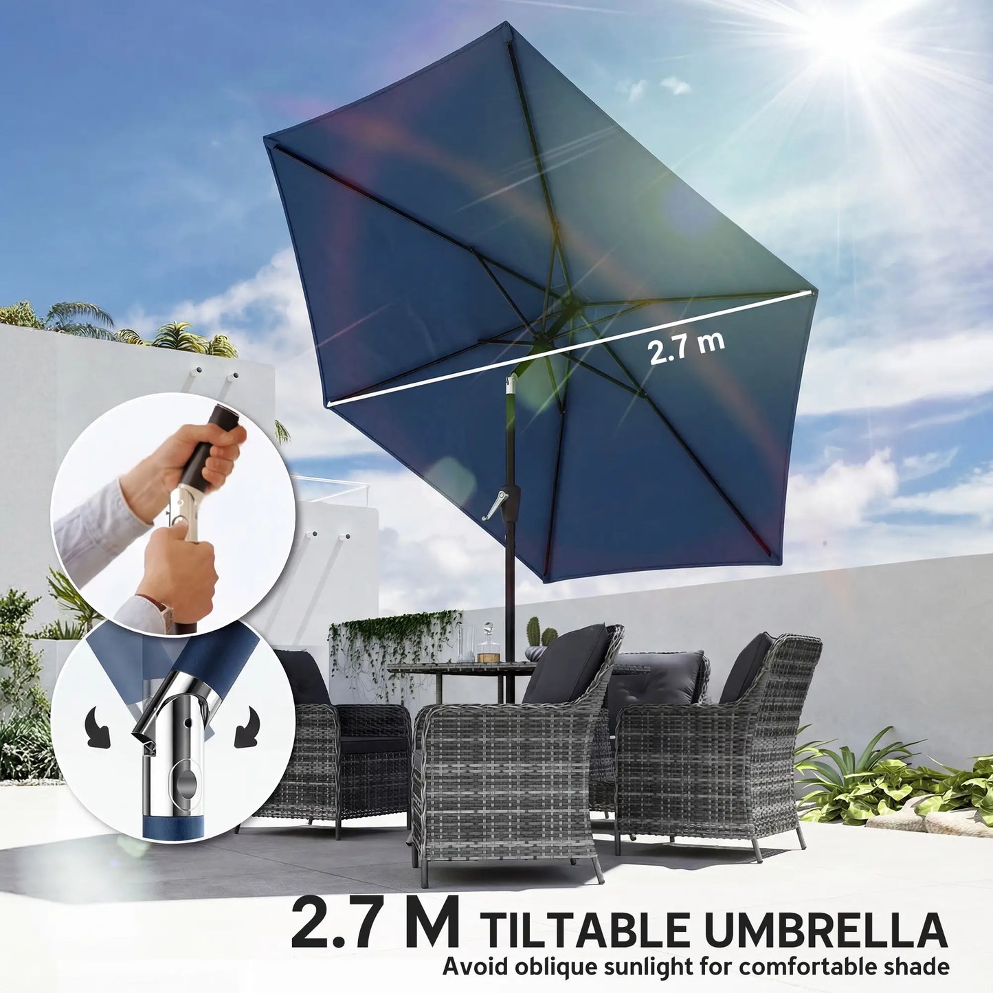 9FT Patio Umbrella With Tilt, Crank, 6 Ribs, UV Protection