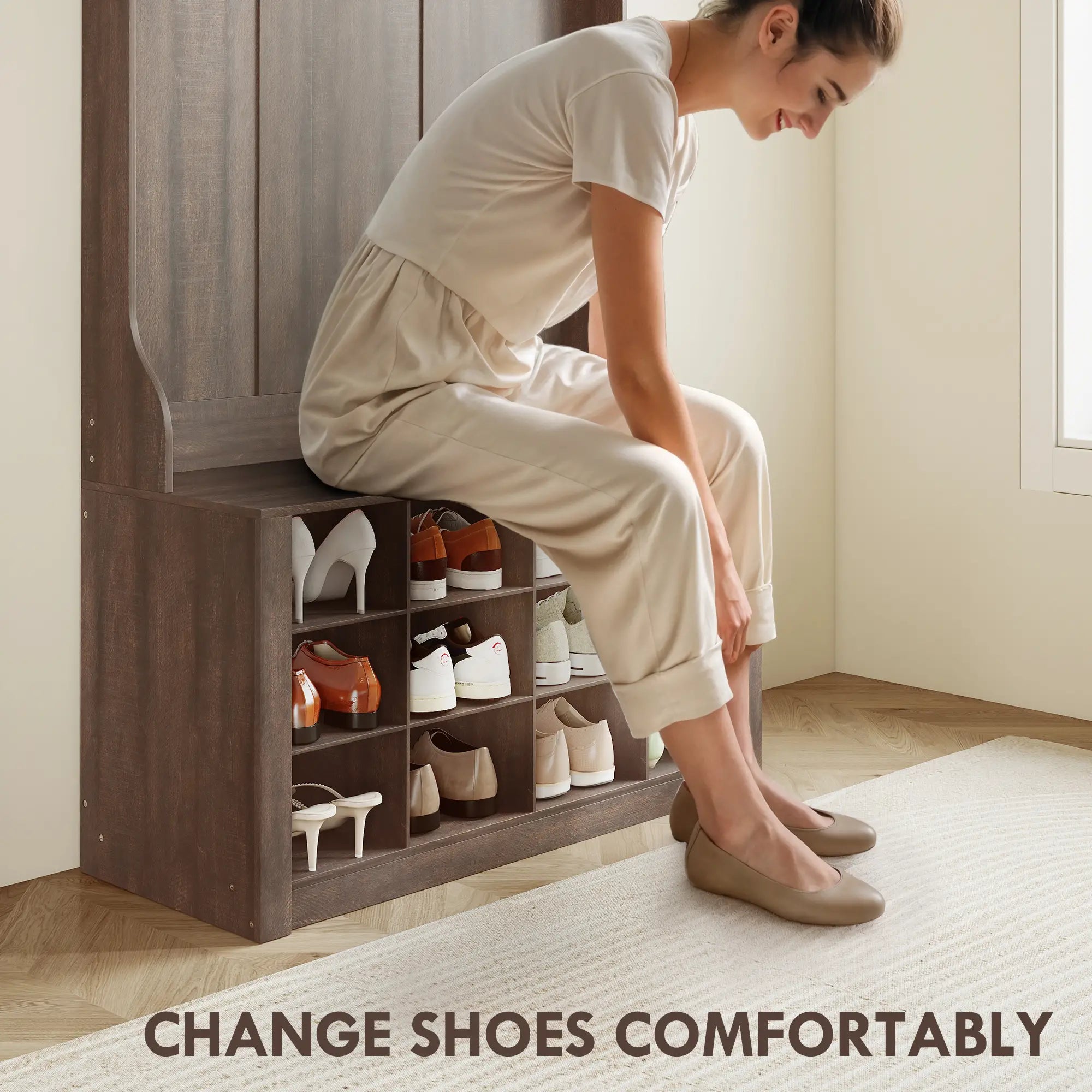 4-In-1 Hall Tree with Bench, Shoe Storage, 12 Cubbies, 6 Hooks, Dark Brown Clothing Storage at Gallery Canada