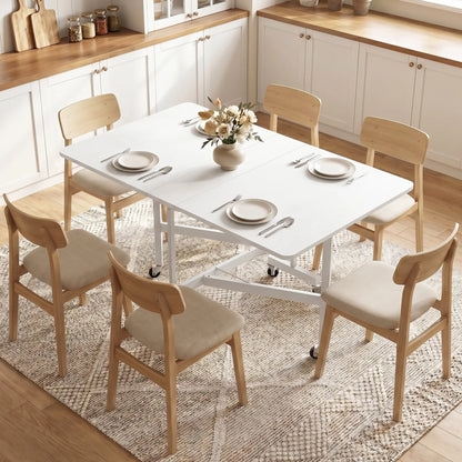 Six-Seater Drop-Leaf Dining Table with Wheels, White