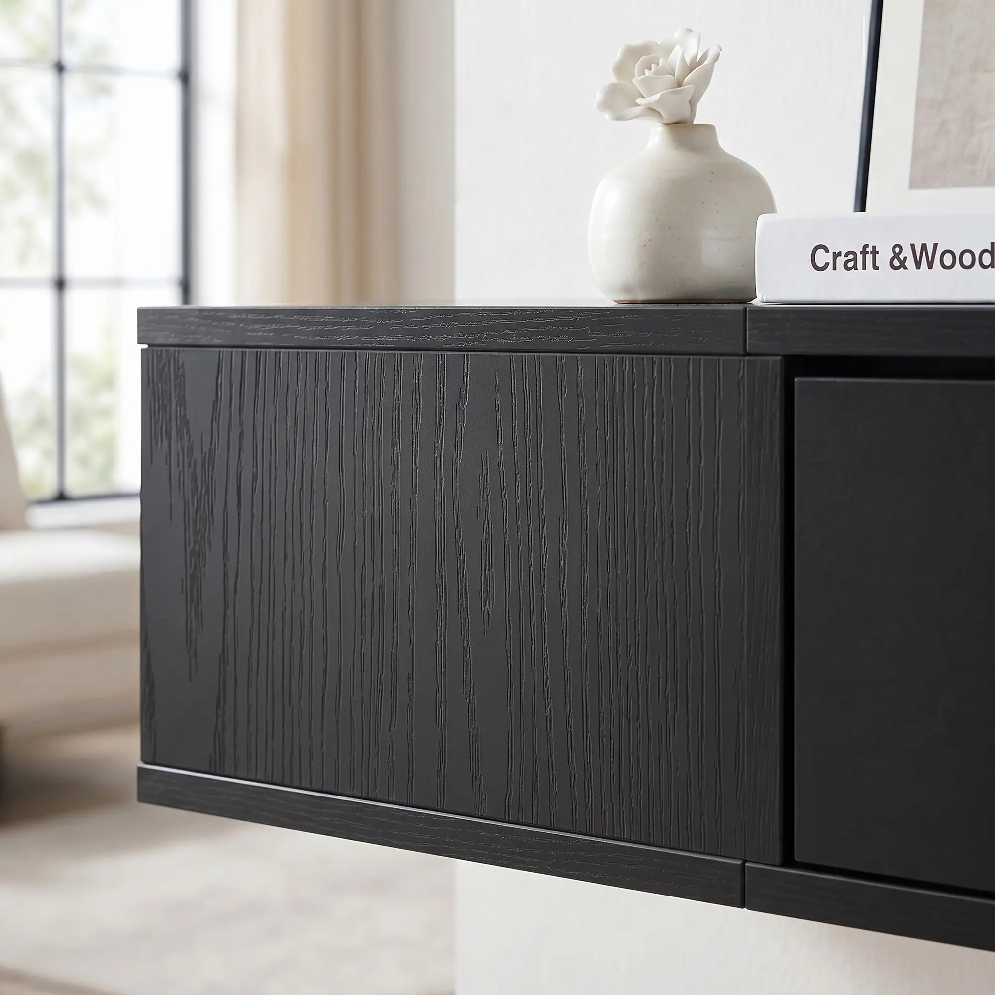 TV Stand with RGB LED Lights, Entertainment Center with Open Shelves for 75 Inch TV, Black Wood Grain TV Stands at Gallery Canada