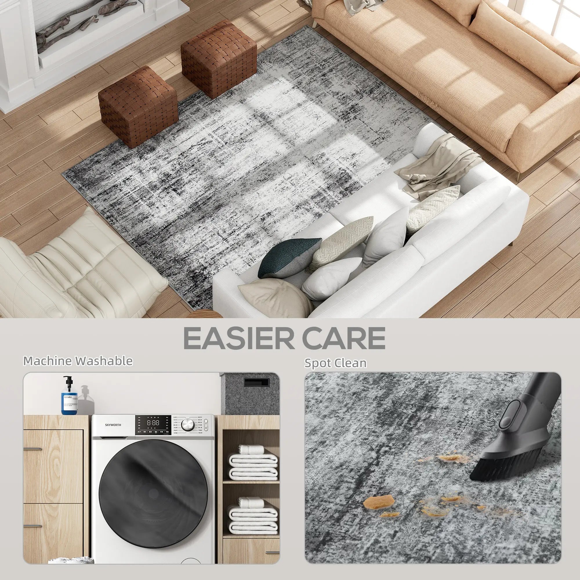 Modern Abstract Area Rug, 6x9, Machine Washable, Non-Slip, Grey Living Room Furniture at Gallery Canada