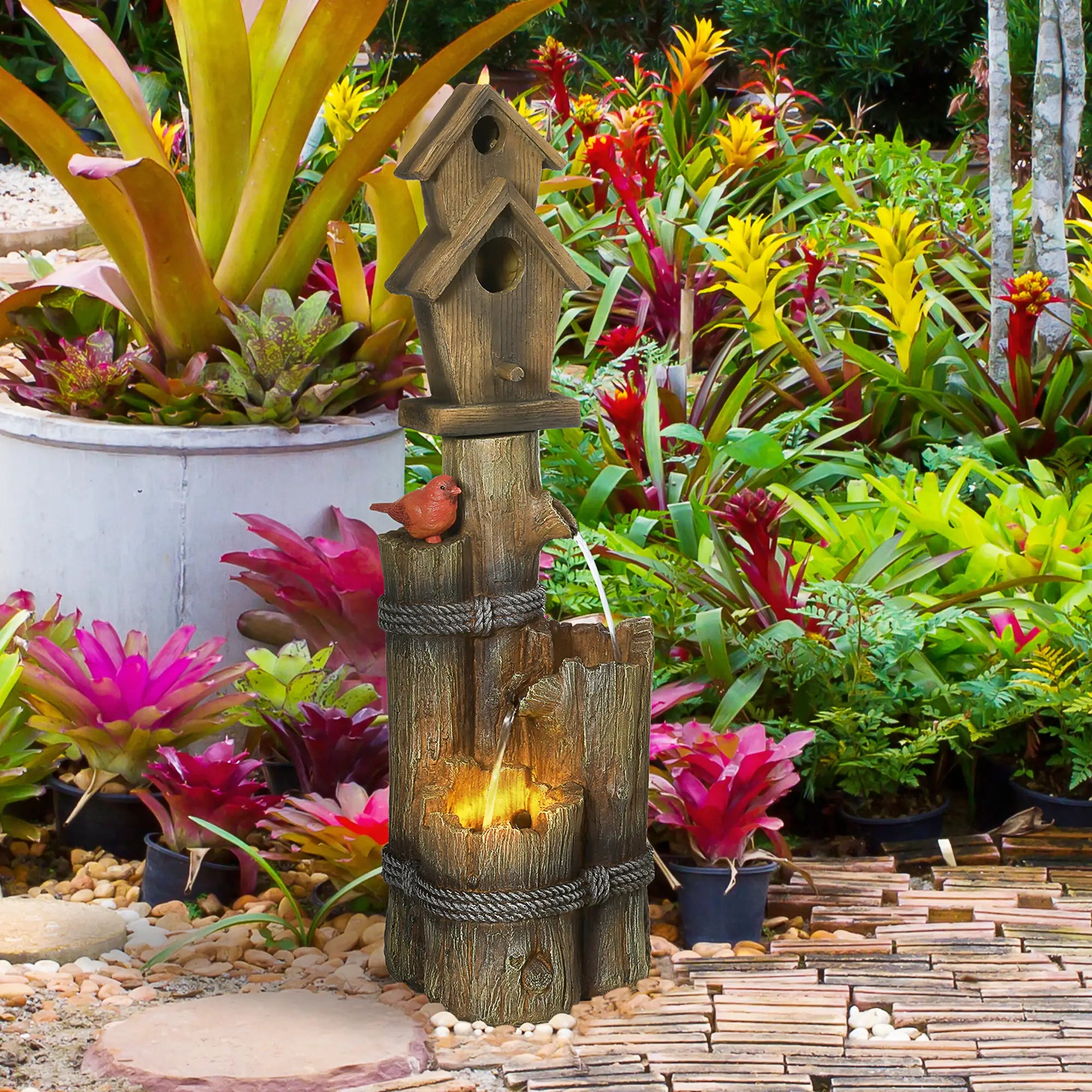 Outdoor Fountain, Garden Waterfall with Birdhouse, 3-Tier Tree Trunk, LED Lights, Brown Water Fountains at Gallery Canada