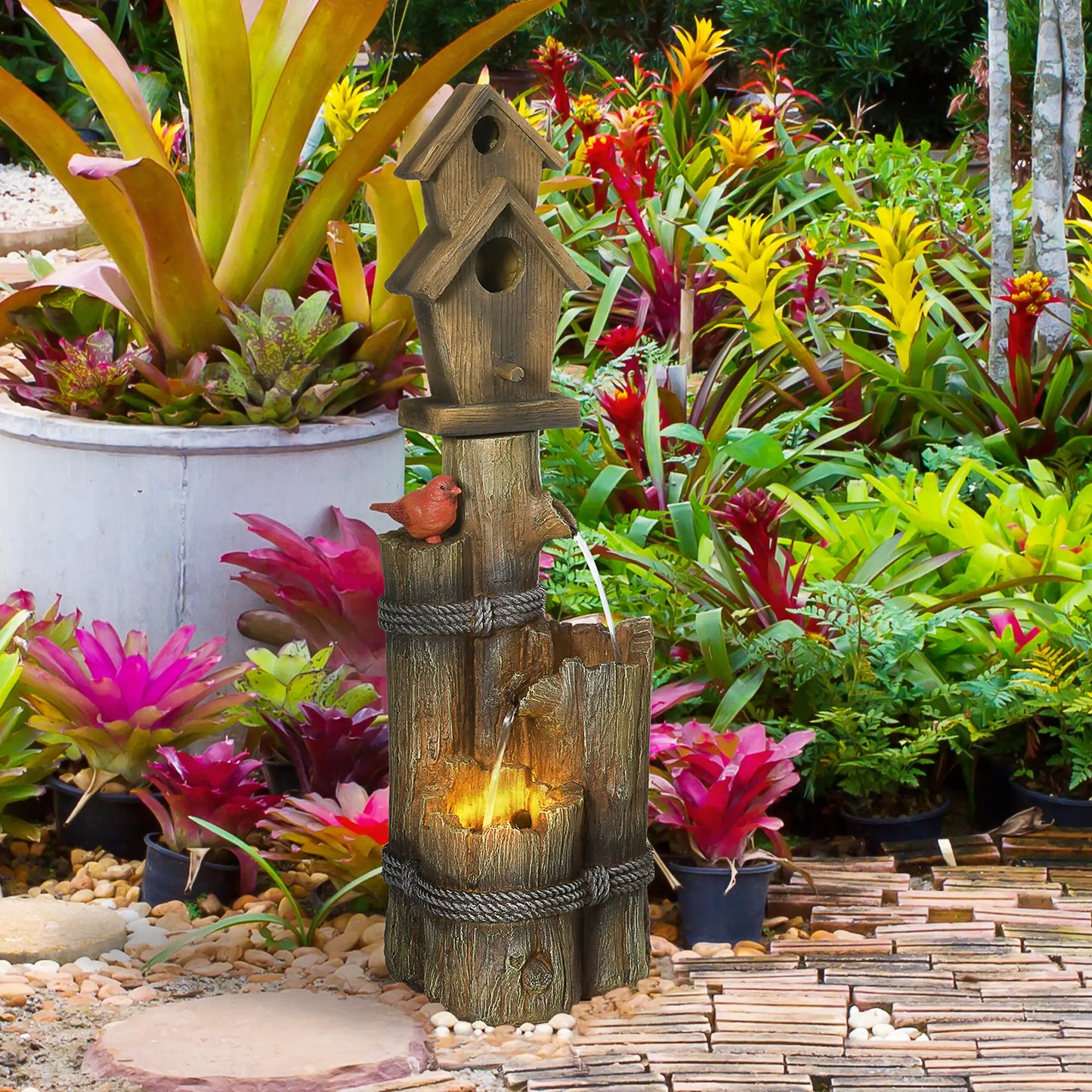 Outdoor Fountain, Garden Waterfall with Birdhouse, 3-Tier Tree Trunk, LED Lights, Brown Water Fountains at Gallery Canada