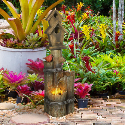 Outdoor Fountain, Garden Waterfall with Birdhouse, 3-Tier Tree Trunk, LED Lights, Brown Water Fountains at Gallery Canada