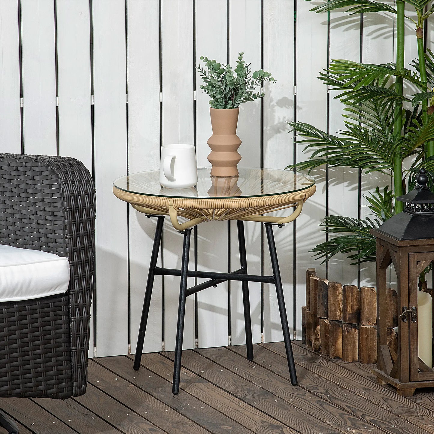Round Rattan Side Table, Outdoor, PE Rattan, Tempered Glass Top, Beige Patio Side Tables at Gallery Canada