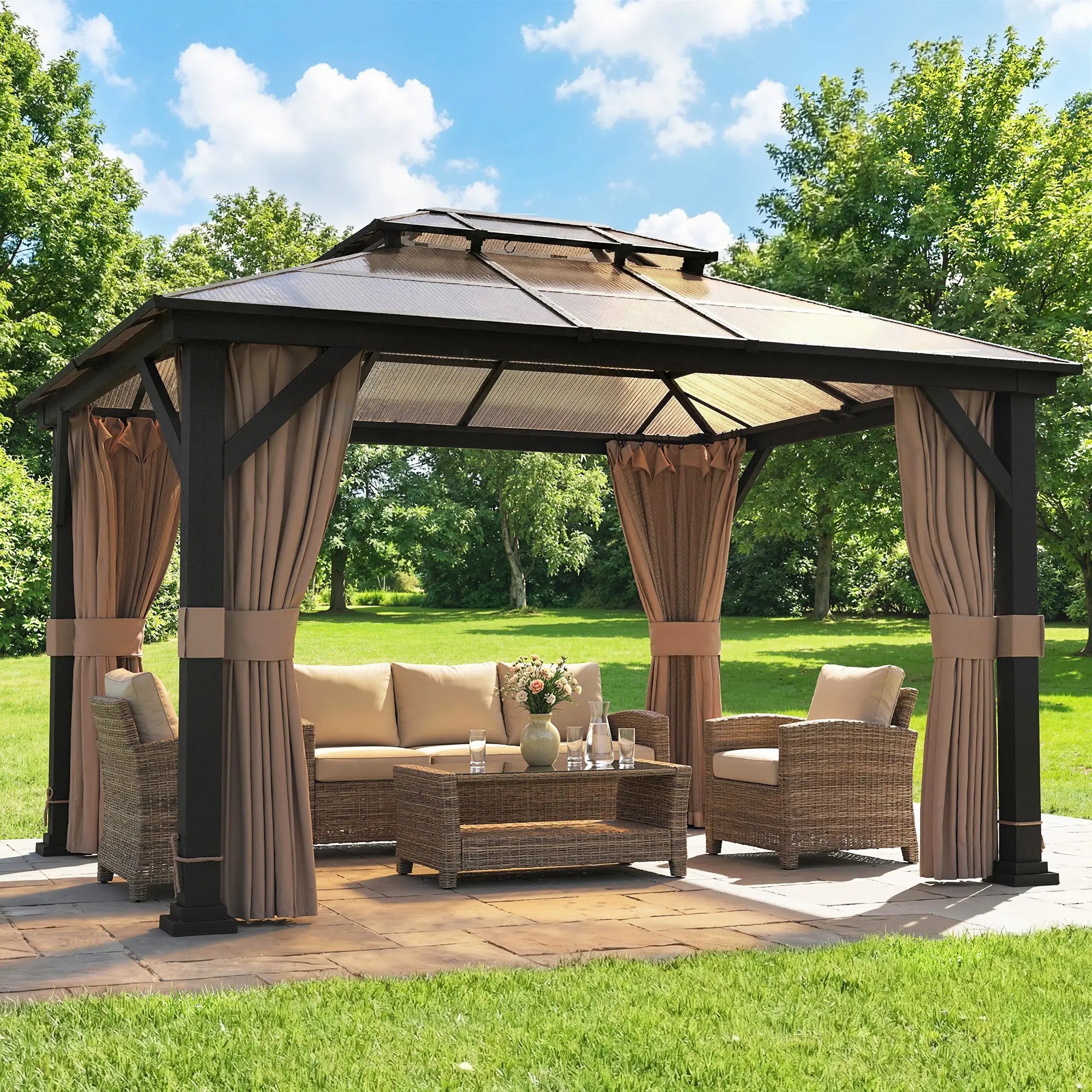 10' x 12' Hardtop Gazebo, Steel Permanent Outdoor, Khaki Gazebos at Gallery Canada
