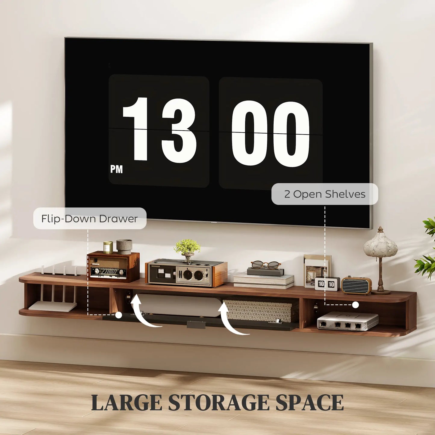 71" Floating TV Stand, Wall Mounted Media Console, Flip Drawer, 2 Open Shelves, Walnut TV Stands at Gallery Canada