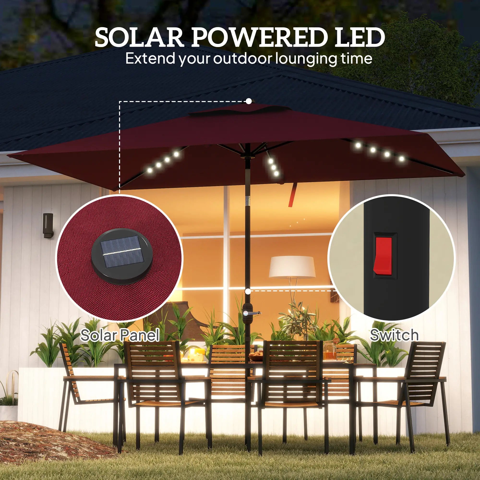 6' x 10' Rectangular Patio Umbrella, 22 LED Solar Lights, Tilt, Crank, Wine Red Sun Umbrellas at Gallery Canada