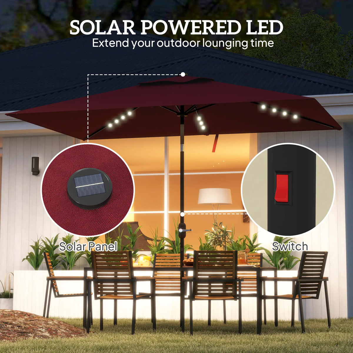 6' x 10' Rectangular Patio Umbrella, 22 LED Solar Lights, Tilt, Crank, Wine Red Sun Umbrellas at Gallery Canada