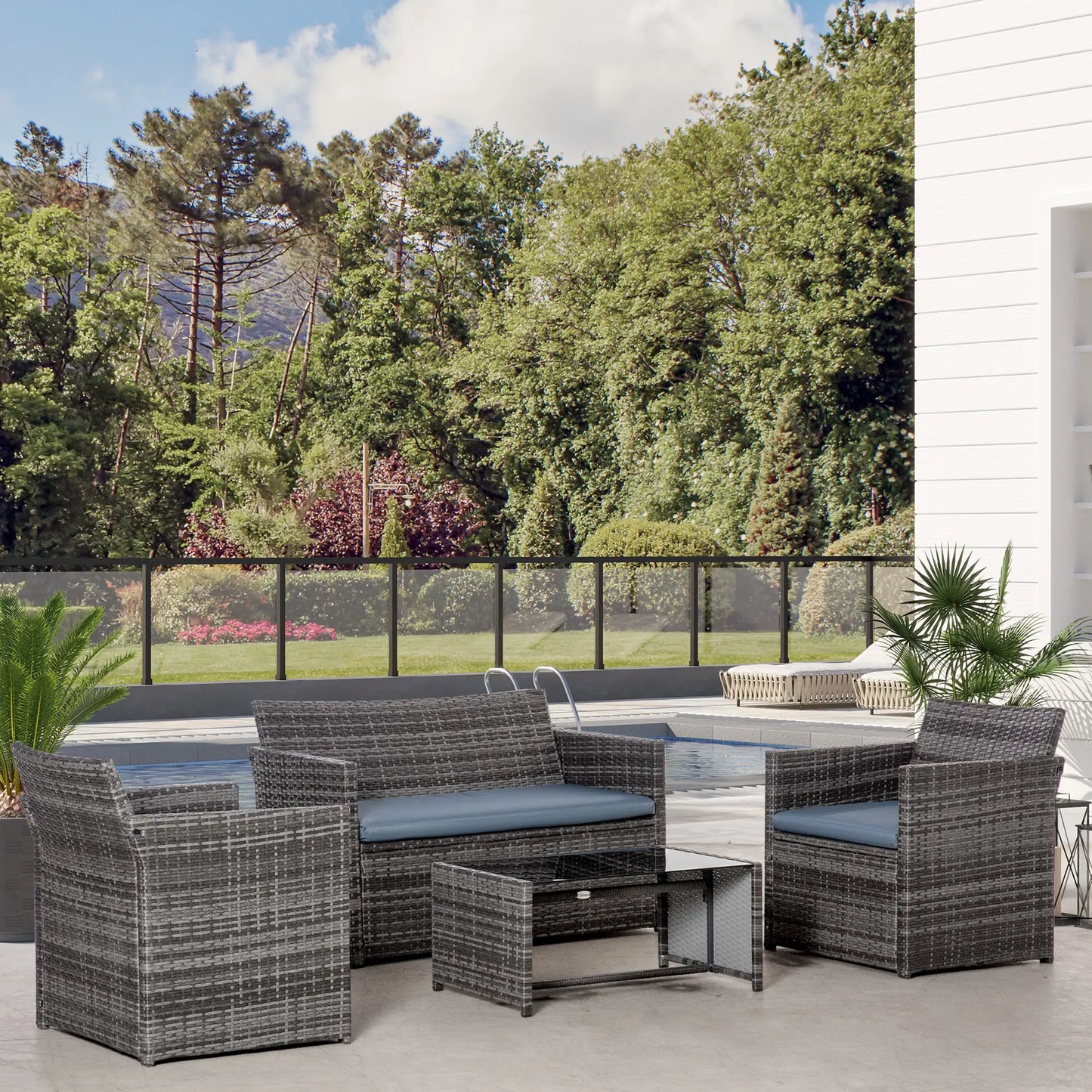 4-Piece Patio Furniture Set with Cushions, Outdoor PE Rattan Sofa, 2 Chairs, Glass Table, Grey Patio Furniture Sets at Gallery Canada