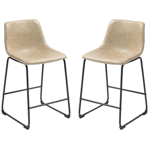Vintage PU Leather Bar Stools Set of 2, Kitchen Stool with Footrest, Beige