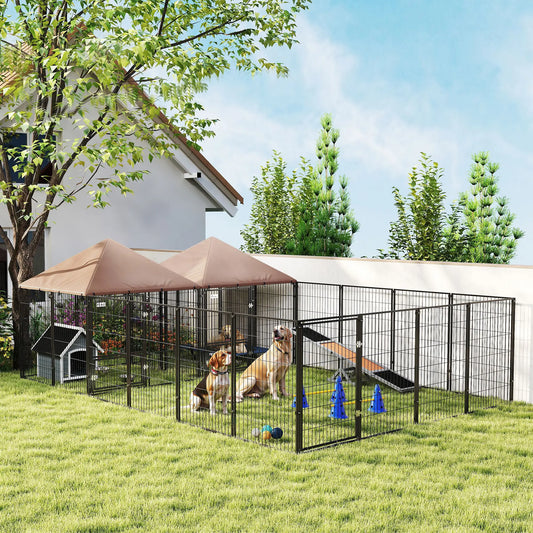 Large Outdoor Dog Kennel, 2 Rooms, Rotating Bowls, 13.5' x 9.4' x 5.1' Houses, Kennels & Pens Coffee at Gallery Canada