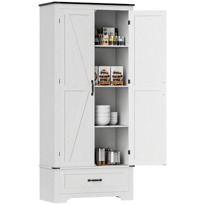 72" Farmhouse Pantry Cabinet, Adjustable Shelves, 2 Doors, White Wood Grain, White Kitchen Pantry Cabinets at Gallery Canada
