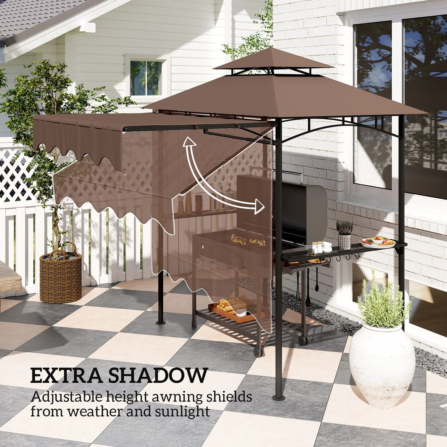 8' x 5' Grill Gazebo, Double Tiered Barbecue Shelter With Side Awning, Brown BBQ Grill Gazebos at Gallery Canada