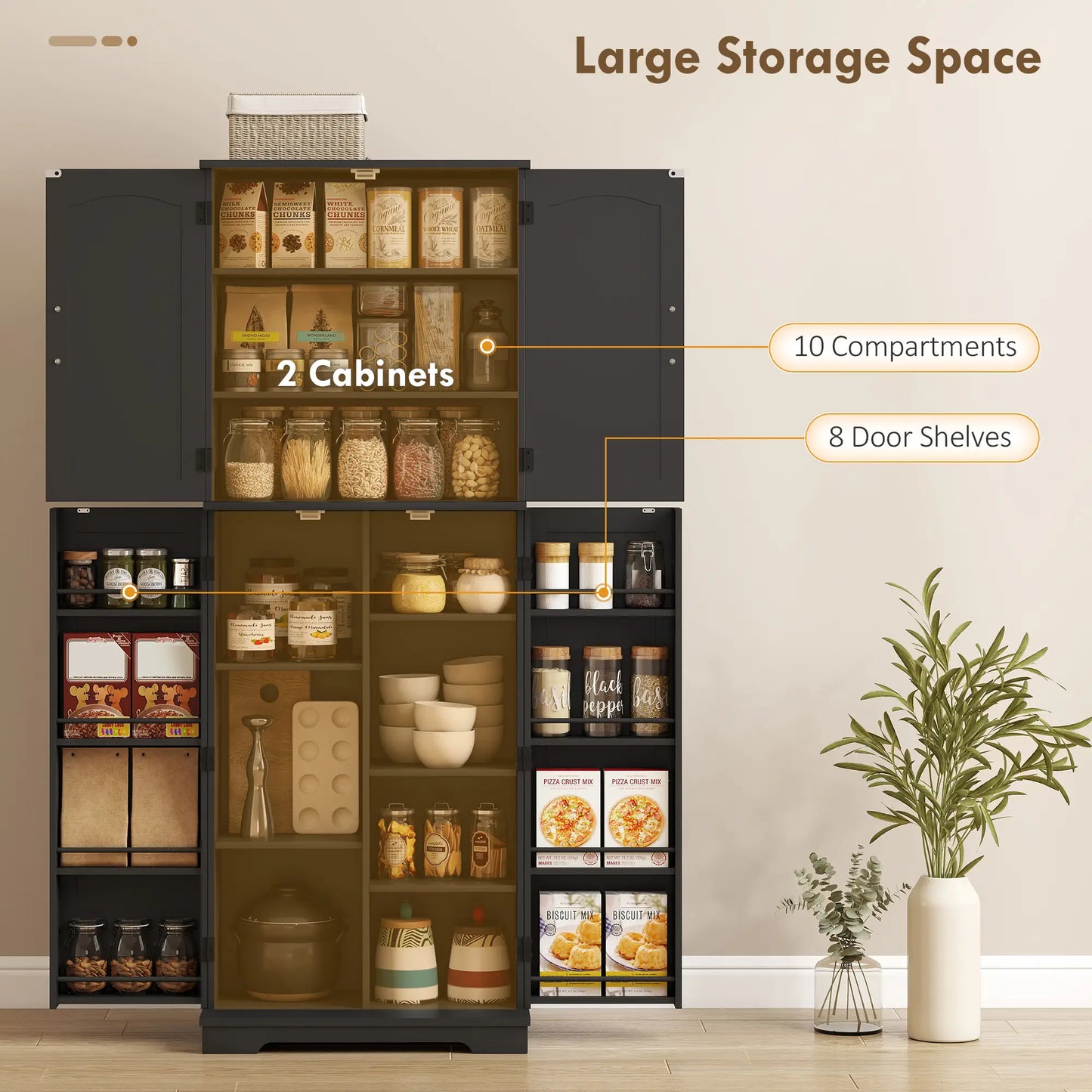 Tall Pantry Cabinet, 64 Inch, Adjustable Shelves, Spice Racks, Black Kitchen Pantry Cabinets at Gallery Canada