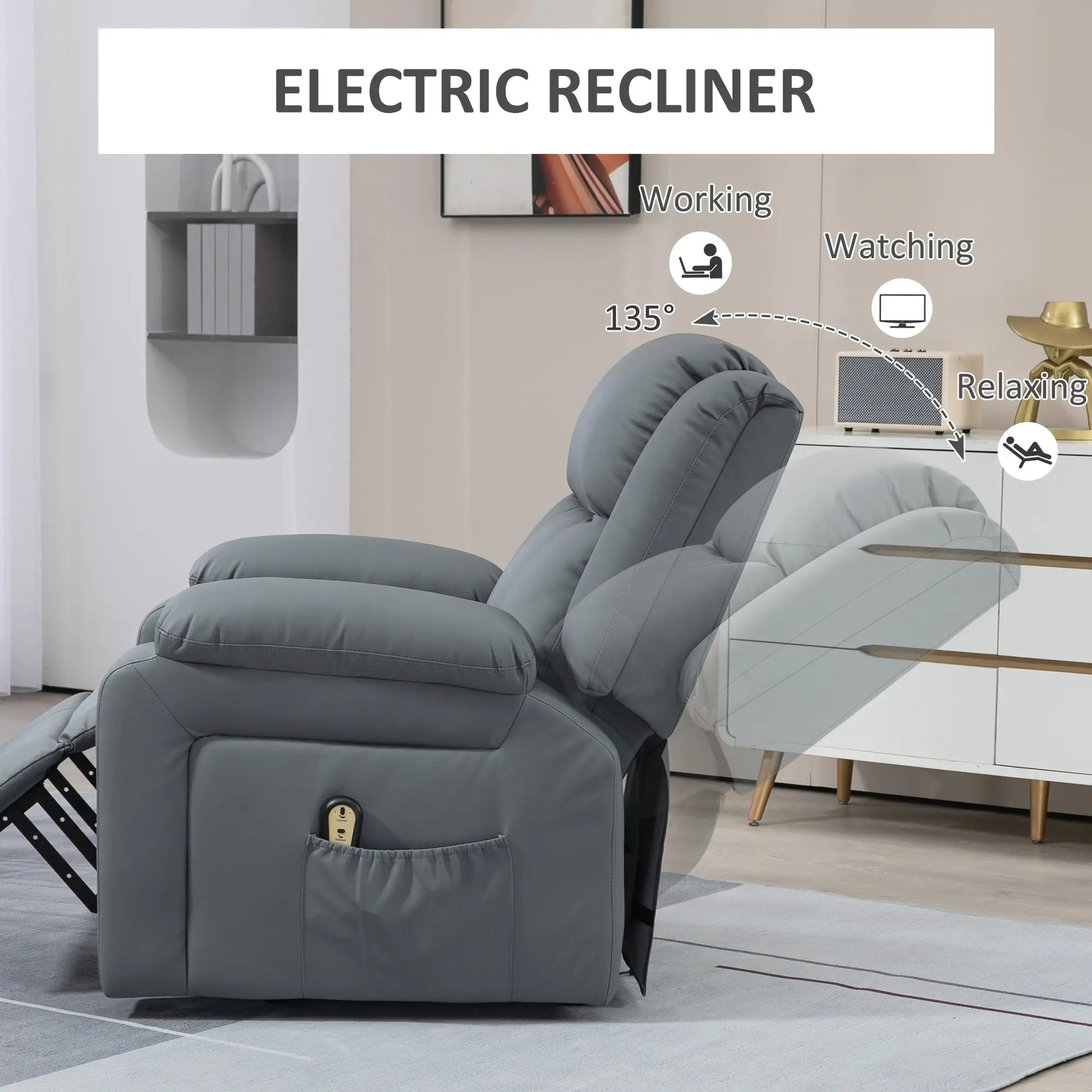 Electric Recliner Chair, PU Leather, Remote, Side Pockets, Grey Electric Power Lift Chairs at Gallery Canada