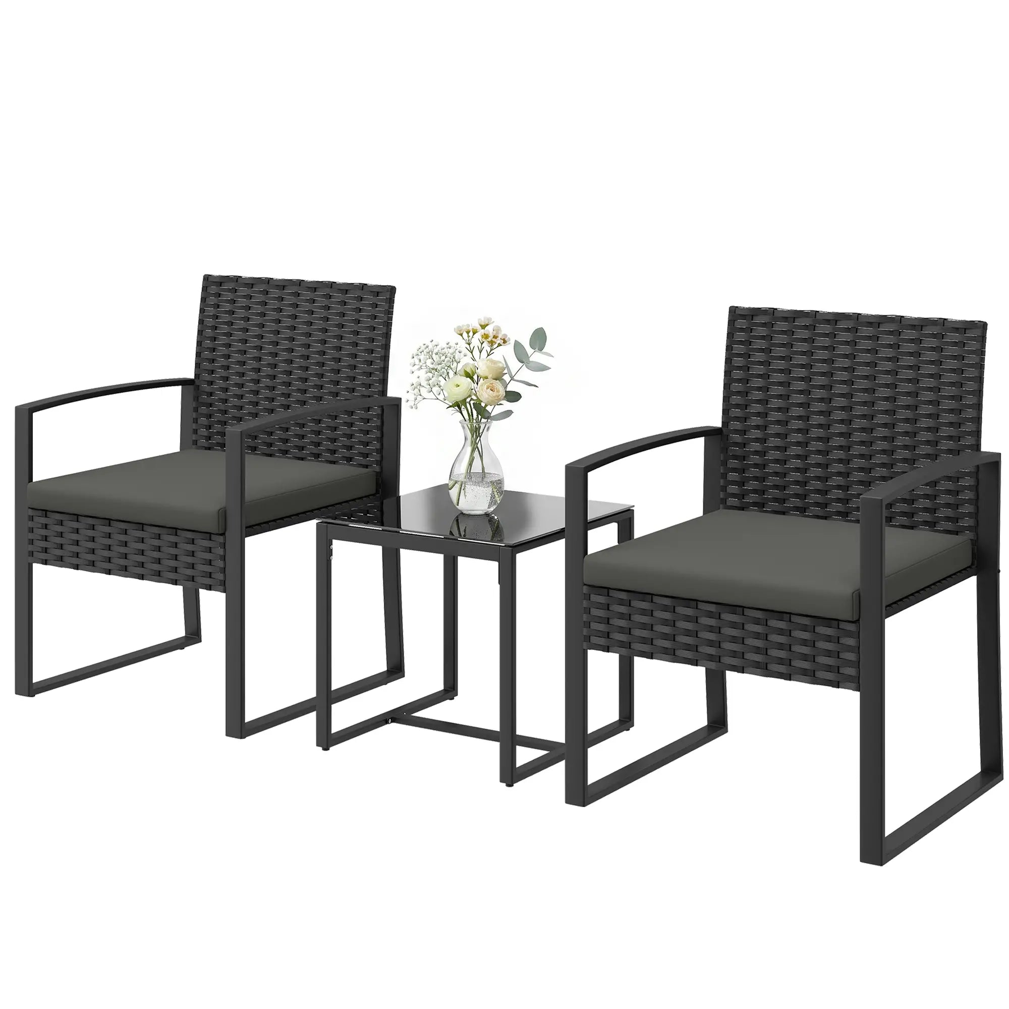 3 Piece Wicker Patio Set, Glass Top Table With Cushions, Dark Grey Bistro Sets Black, Dark Grey at Gallery Canada