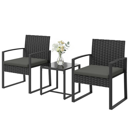3 Piece Wicker Patio Set, Glass Top Table With Cushions, Dark Grey Bistro Sets Black, Dark Grey at Gallery Canada