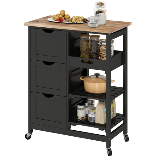Kitchen Cart on Wheels, Wood Top, 3 Drawers, Shelves, Black