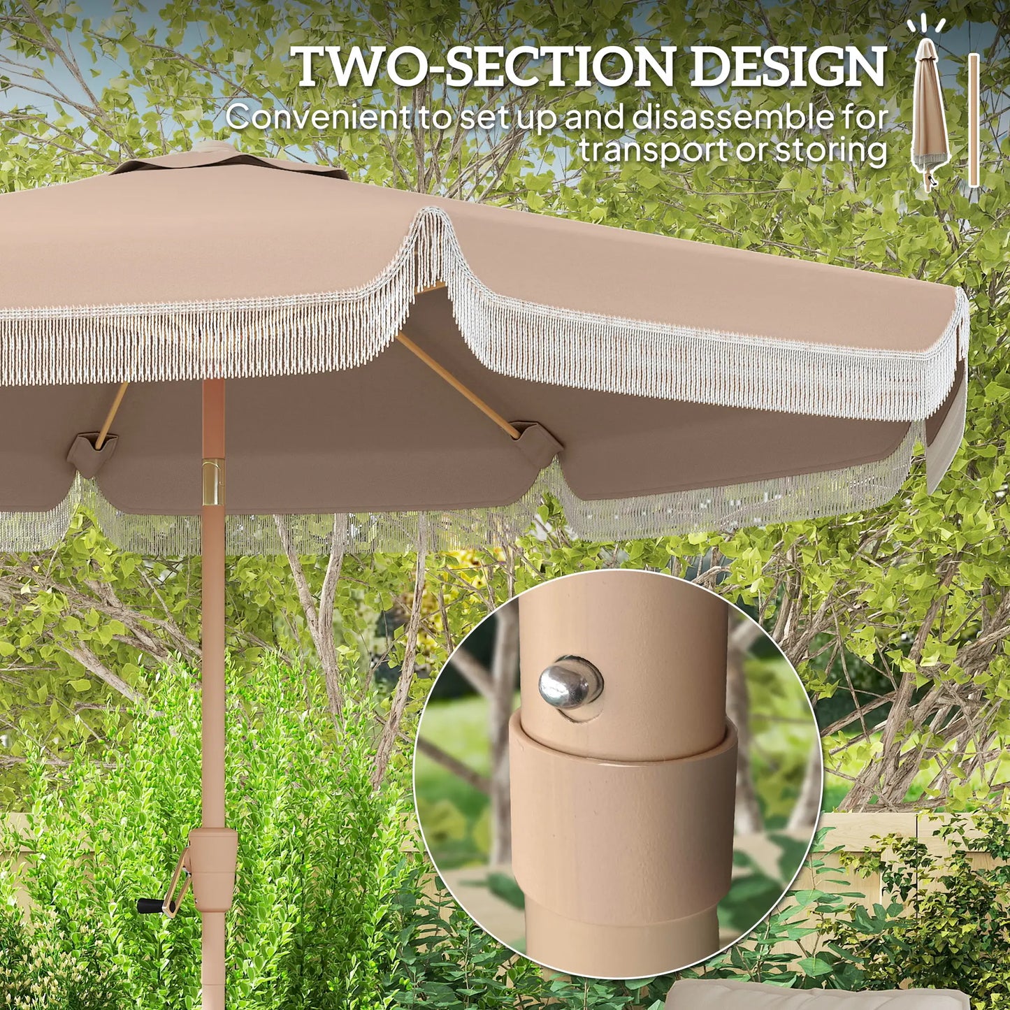 9 ft Patio Umbrella, Push Button Tilt Crank, Fringed Outdoor Market Table, Khaki Sun Umbrellas at Gallery Canada