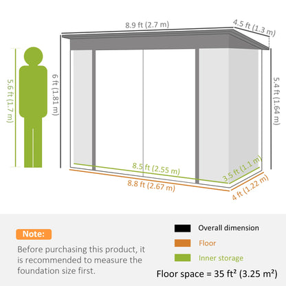 9' x 4' Galvanized Steel Garden Storage Shed, Lockable Doors, 2 Air Vents