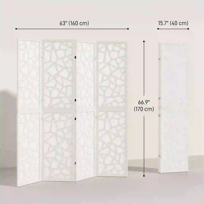 4 Panel Room Divider, 5.6 FT Geometric Pattern Privacy Screen, White
