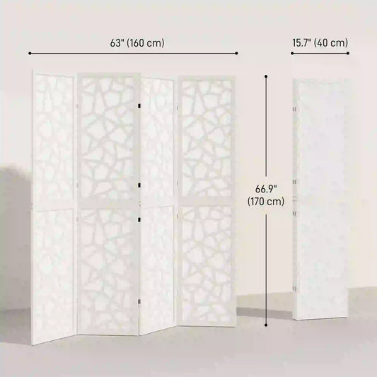 4 Panel Room Divider, 5.6 FT Geometric Pattern Privacy Screen, White