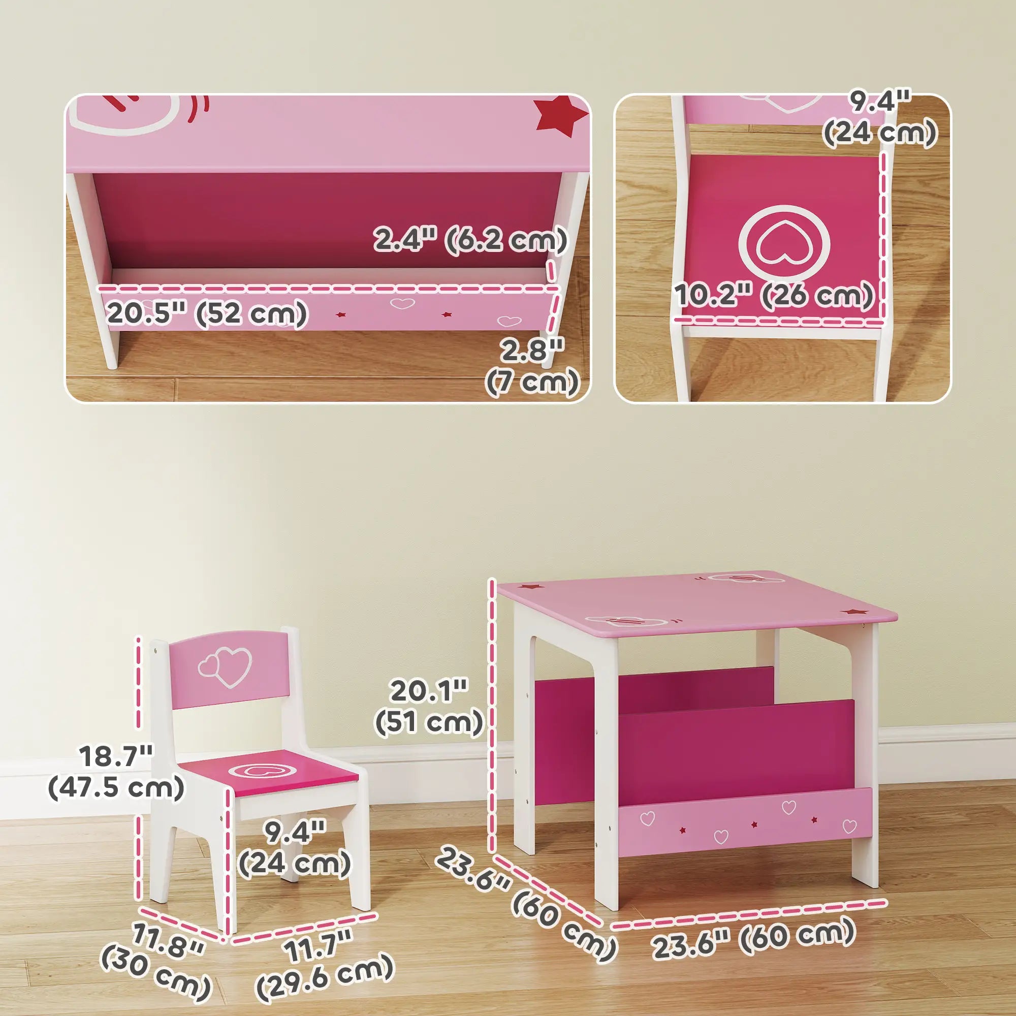 Kids Table Chair Set with Bookshelves, 3 Pieces, Pink Kids Table Sets at Gallery Canada