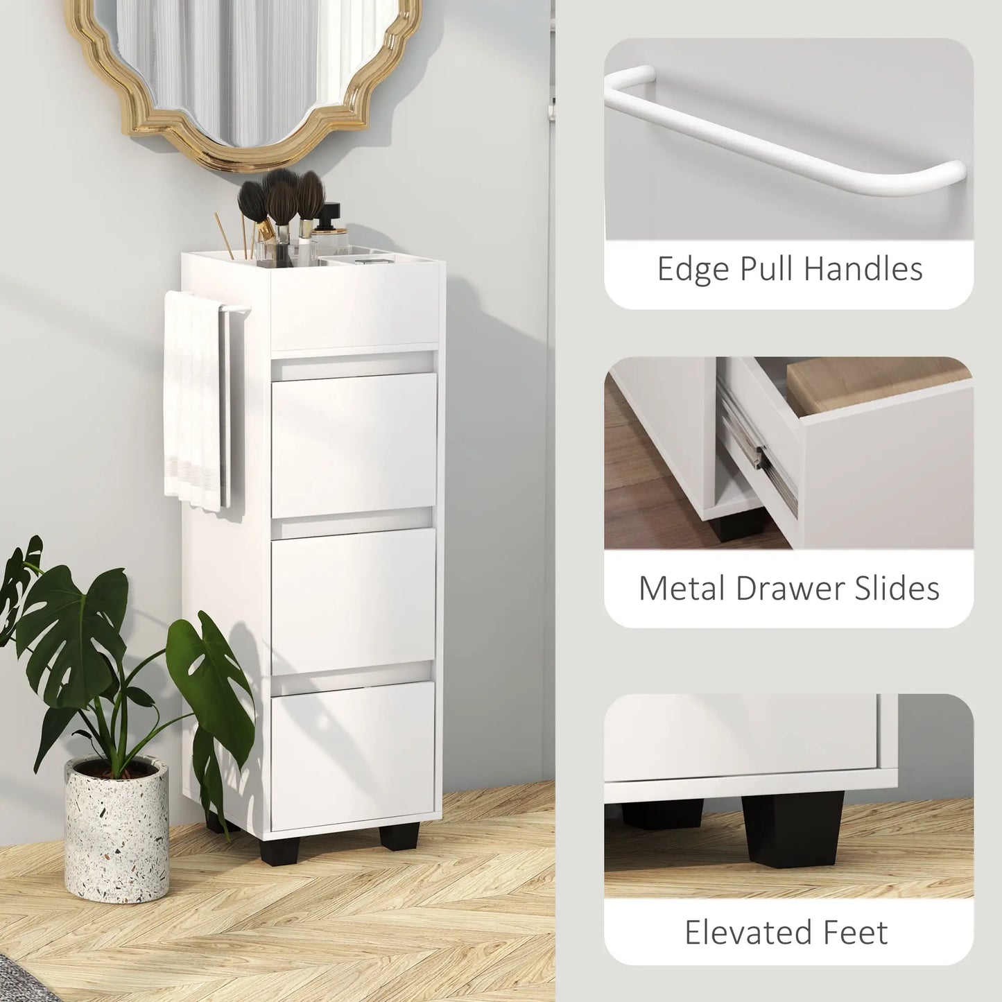 Slim Bathroom Cabinet, 4 Compartments, 3 Drawers, Towel Rack, White