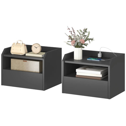 Wall Mounted Bedside Table, Set of 2 with Charging Station, Black