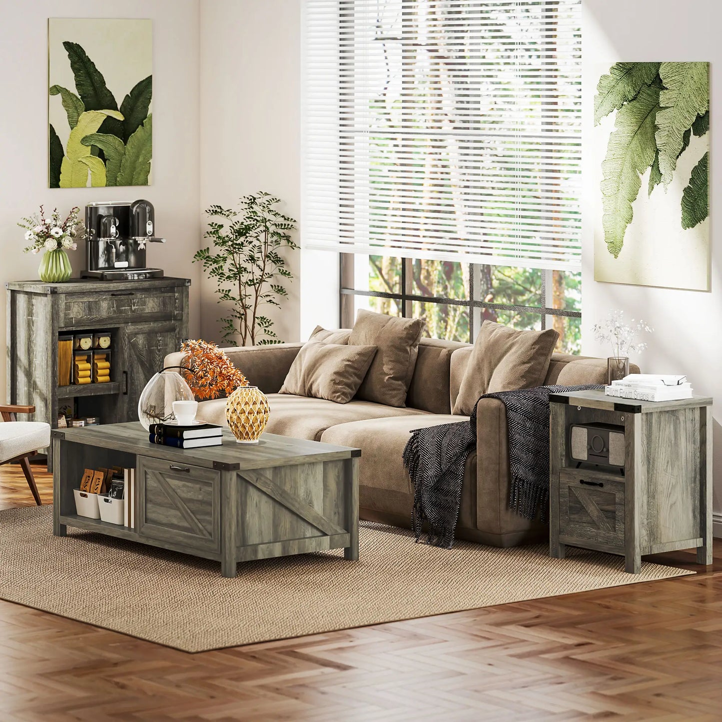 Farmhouse Side Table with Storage, Drawer, Open Shelf, Grey Side Tables at Gallery Canada