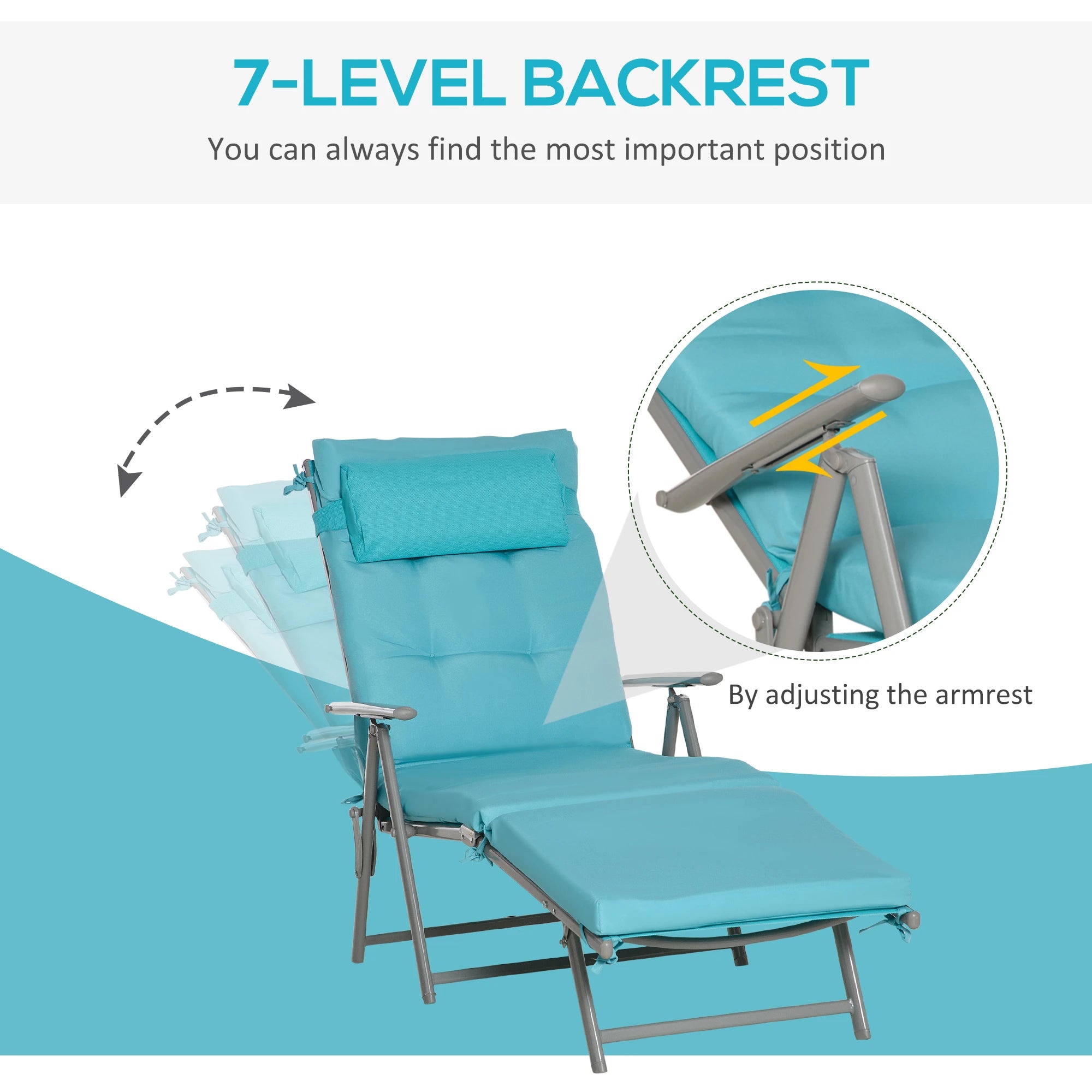 Outdoor Folding Chaise Lounge, Adjustable Backrest, Cushion, Headrest, Blue Lounger Chairs at Gallery Canada