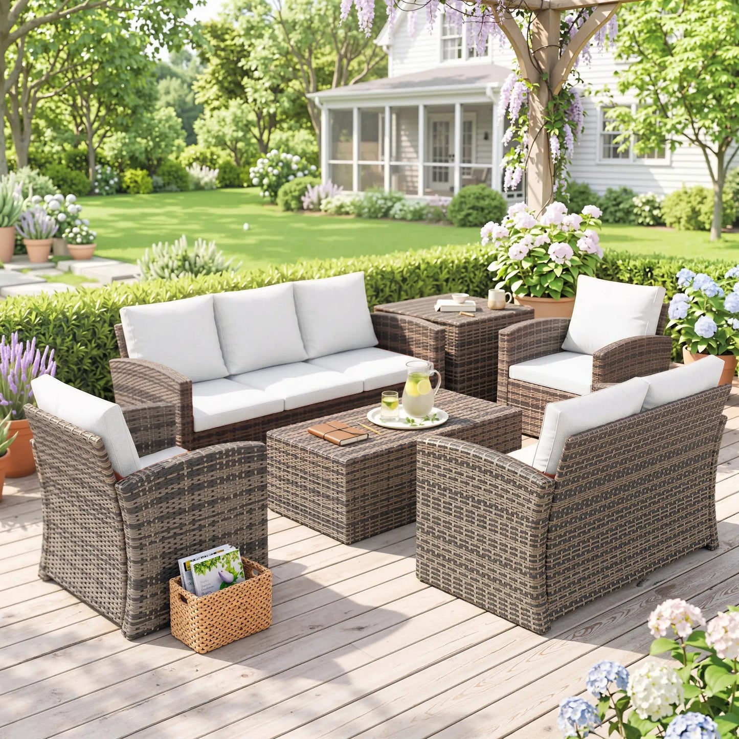 6-Piece Wicker Patio Furniture Set, 7-Seater with Cushions, Cream White Patio Furniture Sets at Gallery Canada