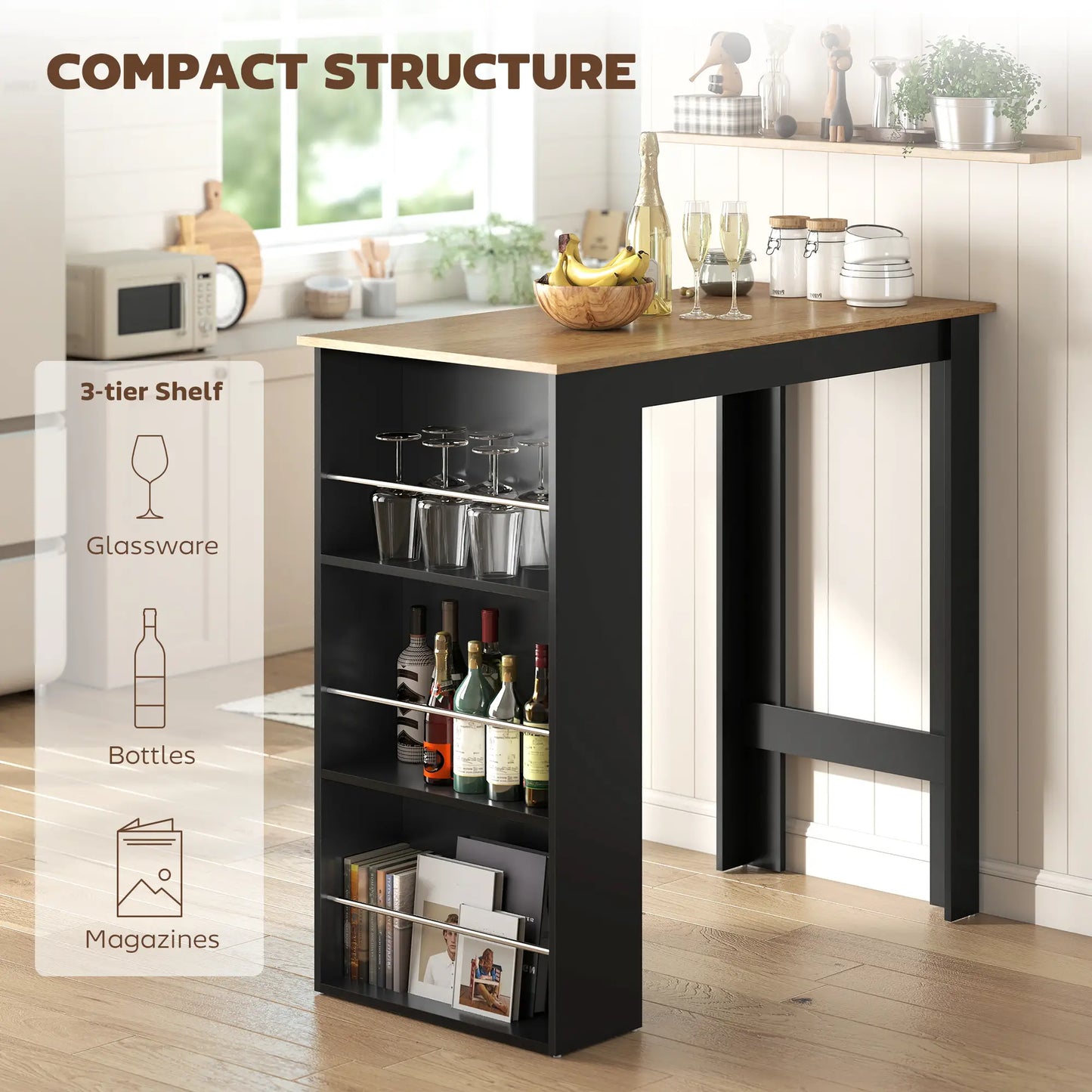 Modern Bar Table, Counter Height With 3 Storage Shelves, Walnut Bar Tables at Gallery Canada
