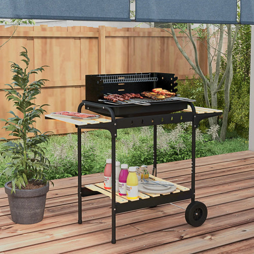 Charcoal Barbecue Grill, Adjustable Height, Portable Trolley With Ash Catcher, Wheels, Black