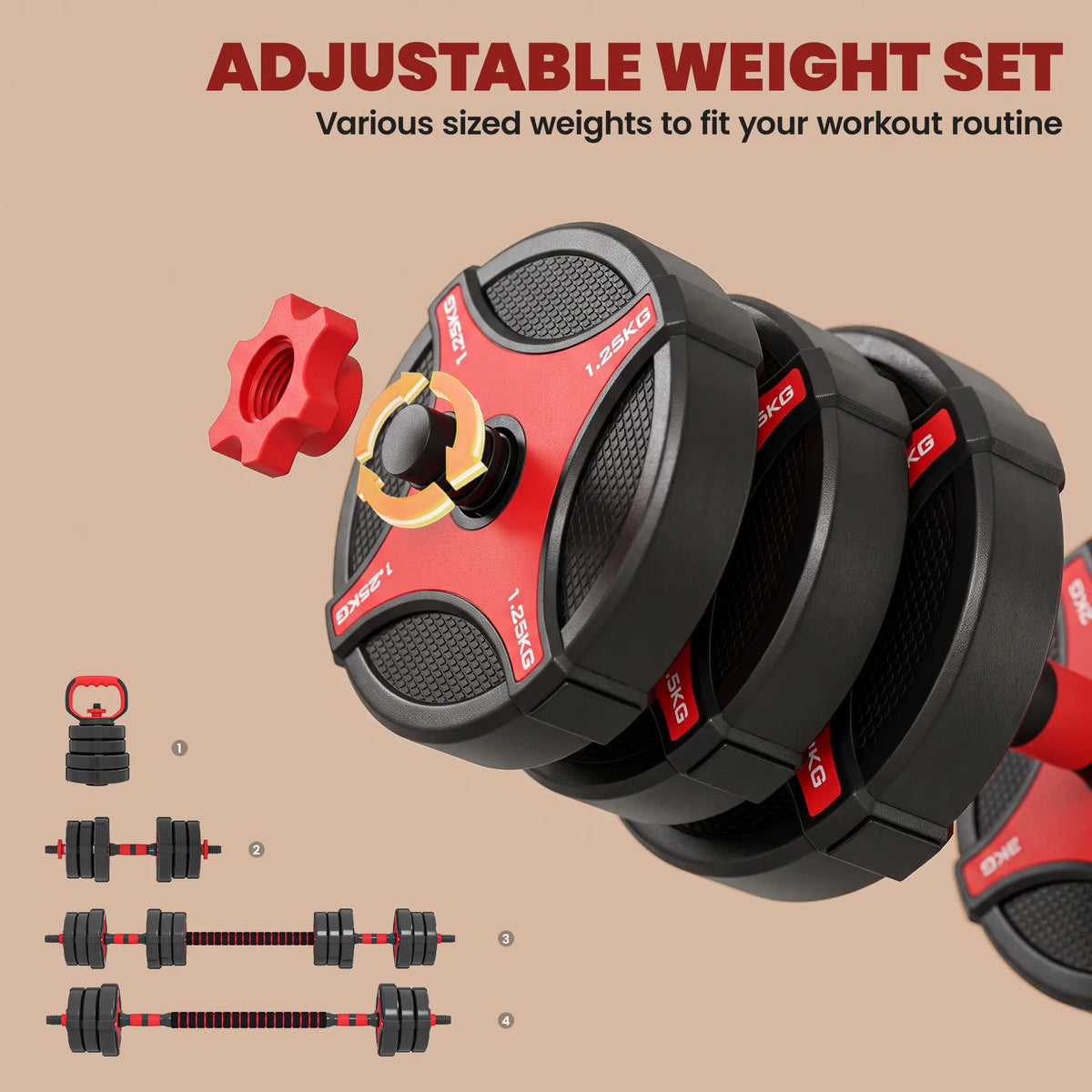 Set d'haltères réglables 5-en-1 de 44 lbs, Noir Rouge