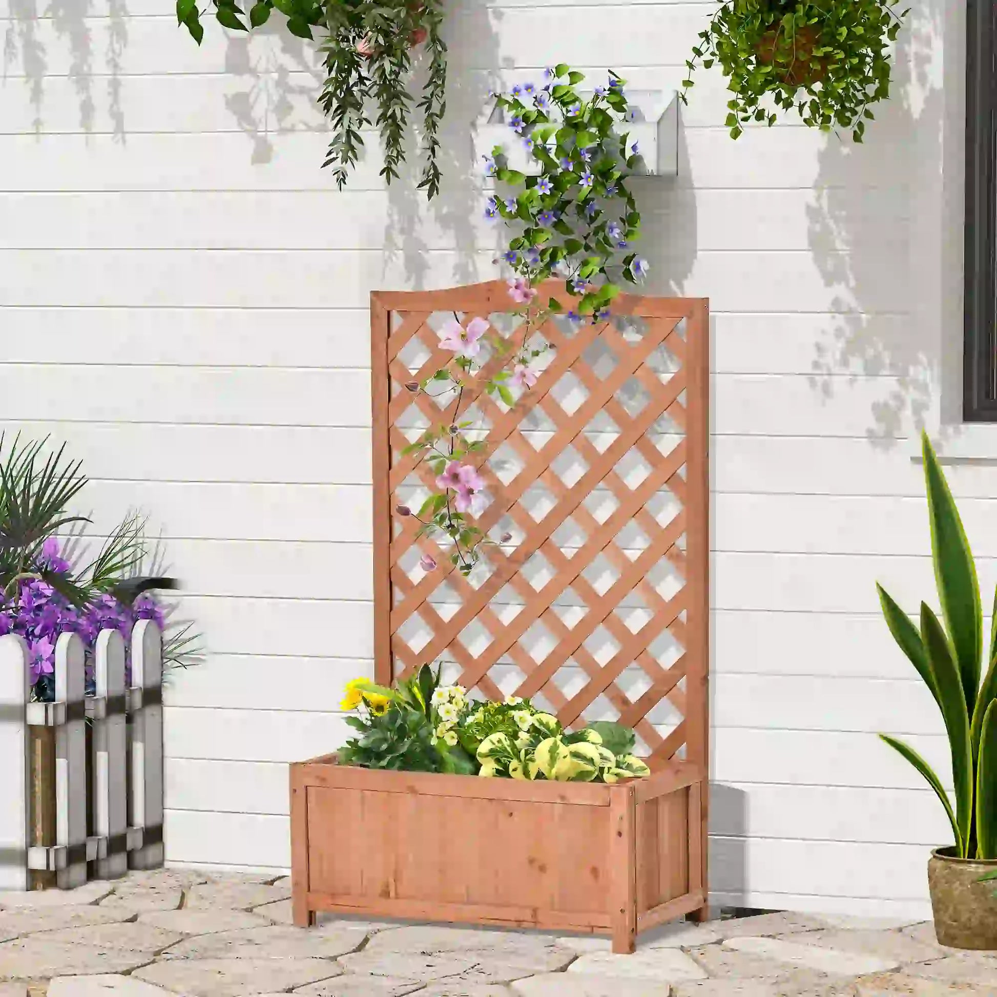 Wood Planter with Trellis, Raised Garden Bed, 28" x 11" x 46", Brown Wooden Planter Boxes at Gallery Canada
