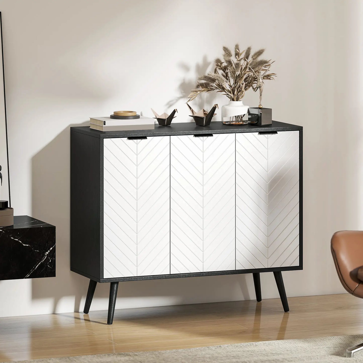 Modern Sideboard Buffet, Dining Room Cabinet, Adjustable Shelves, 3 Doors, Black Storage Cabinets at Gallery Canada