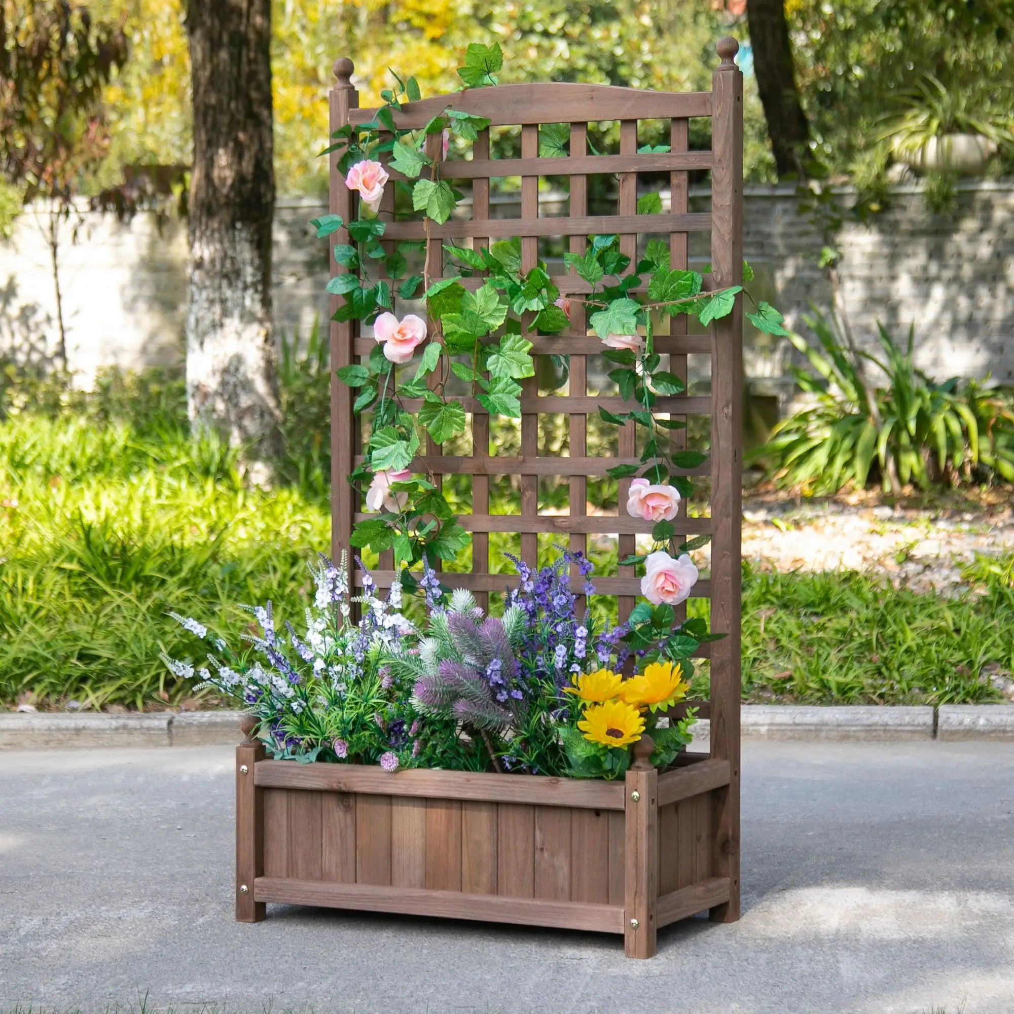 Raised Garden Bed with Trellis, Wood Planter Box, 25.2
