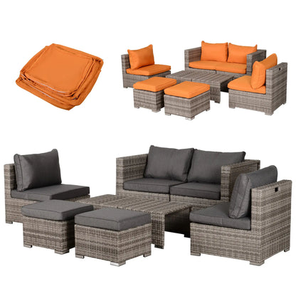 8-Piece Patio Furniture Set, Outdoor Wicker Rattan Sofa, Tea Table, Footstool, Grey & Orange Patio Furniture Sets Mixed Grey at Gallery Canada