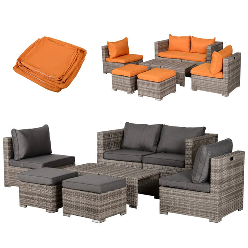 8-Piece Patio Furniture Set, Outdoor Wicker Rattan Sofa, Tea Table, Footstool, Grey & Orange