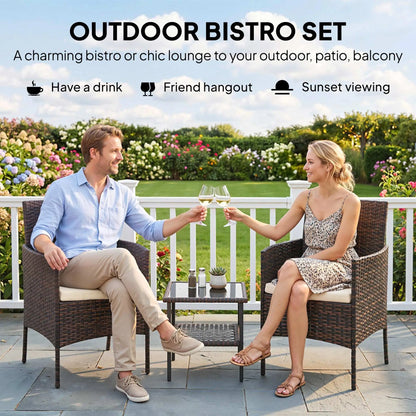 3 Piece Wicker Bistro Set, 2-Tier Glass Top Table, Khaki Bistro Sets at Gallery Canada