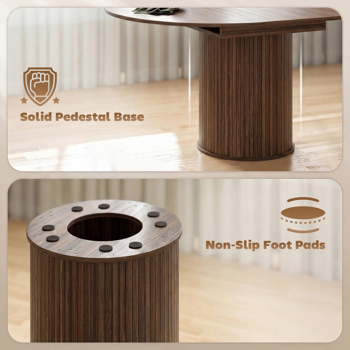 Extendable Kitchen Table, 43.5"-59", Walnut Wood Grain, Pedestal Base Dining Tables at Gallery Canada