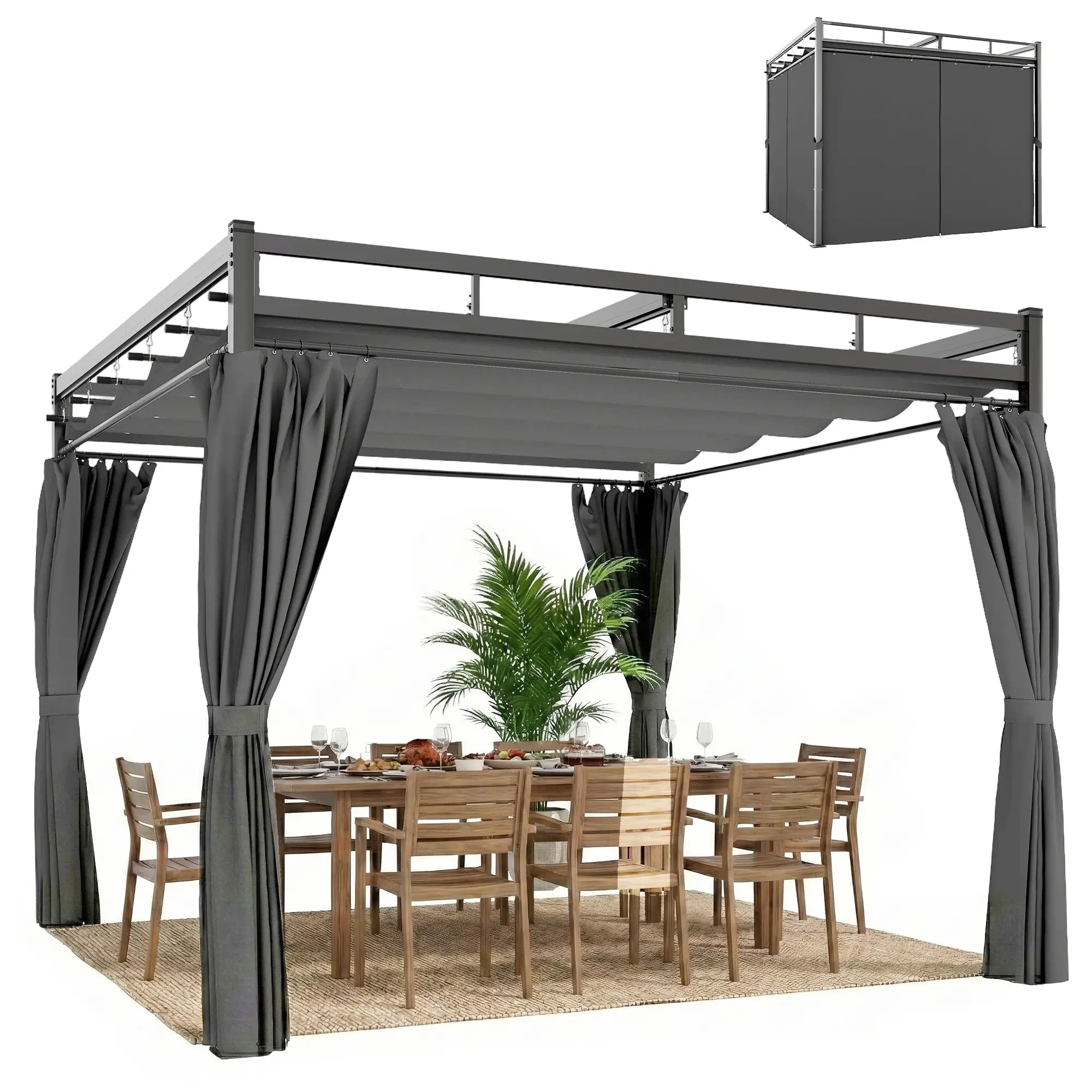 10' x 10' Dark Grey Outdoor Gazebo, Retractable Pergola Canopy With Curtains, Dark Grey Pergolas at Gallery Canada