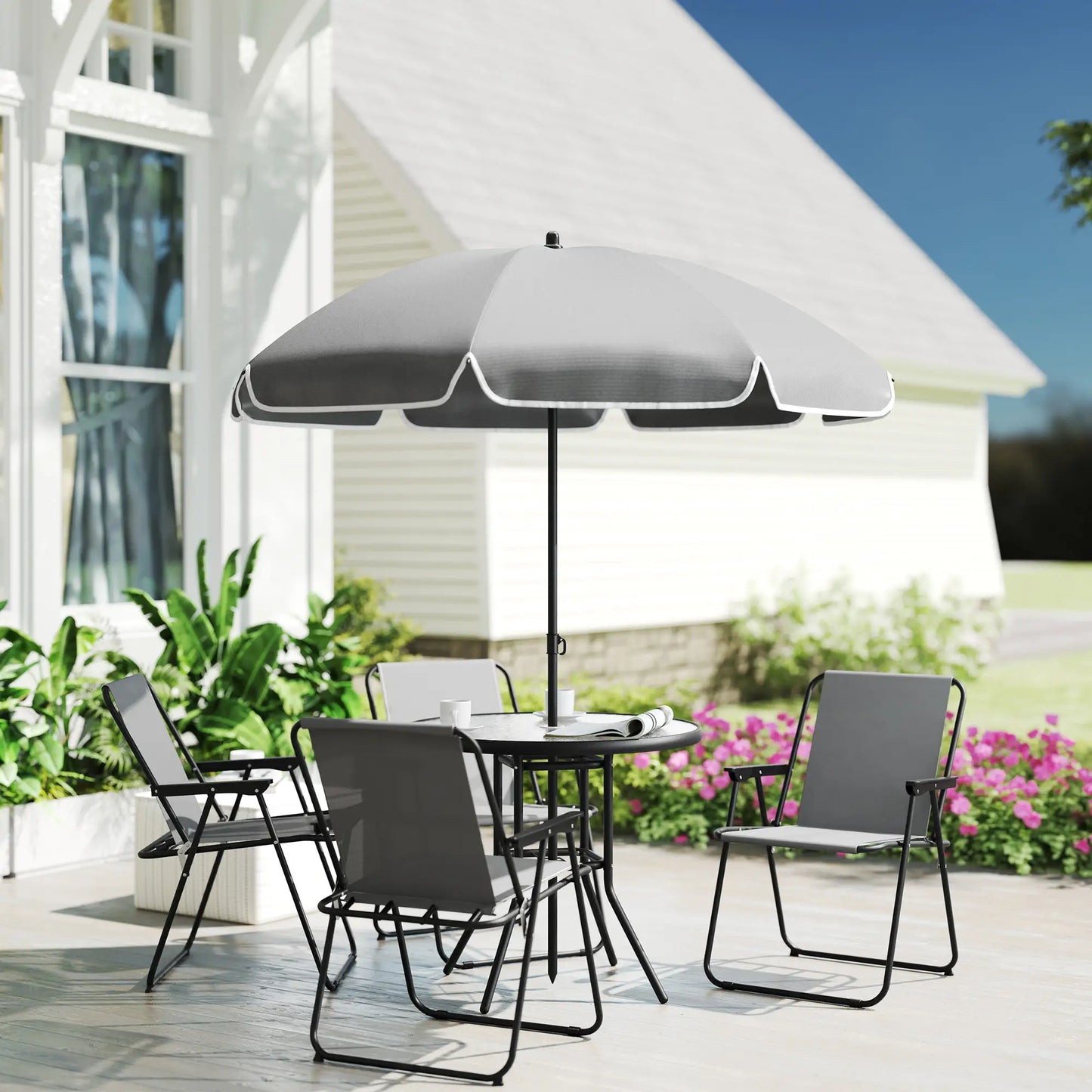 6-Piece Patio Dining Set, Umbrella, Folding Chairs, Glass Table, Grey Bistro Sets at Gallery Canada