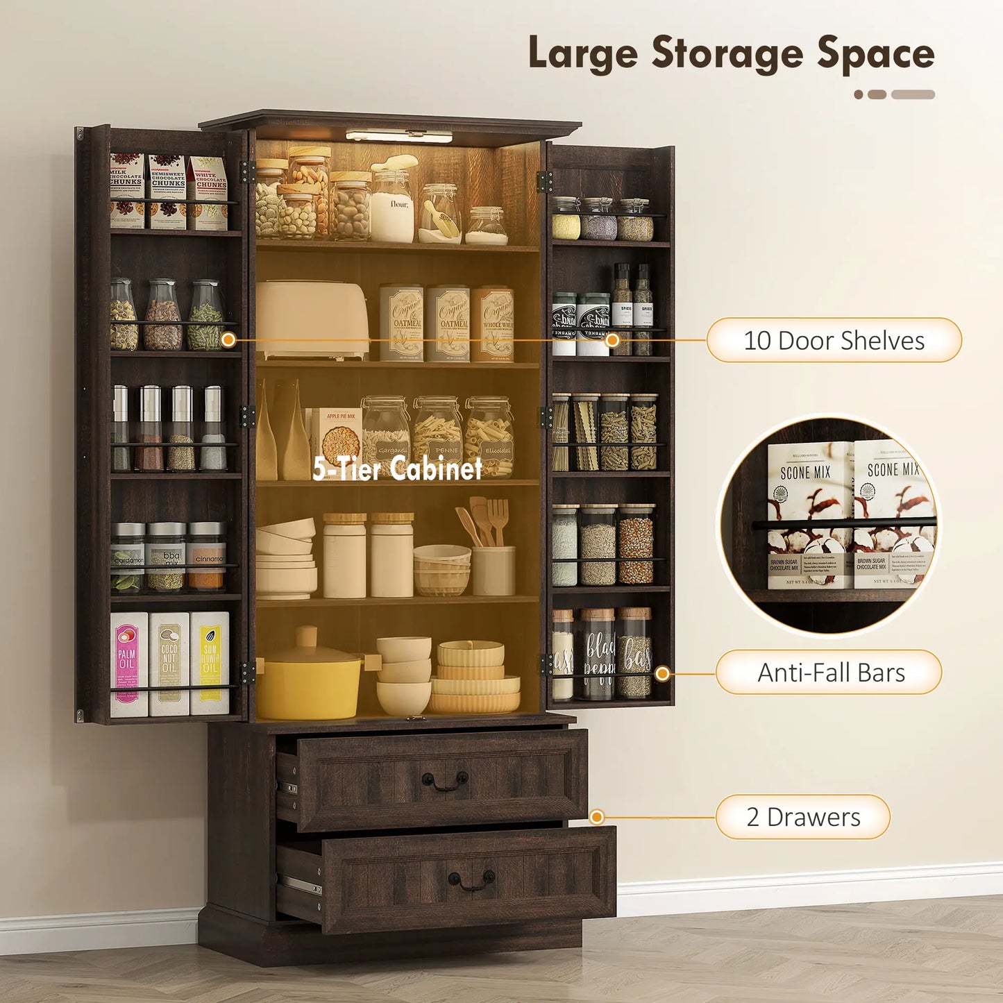 72" Kitchen Pantry Cabinet, 10 Shelves, 2 Drawers, Brown Kitchen Pantry Cabinets at Gallery Canada